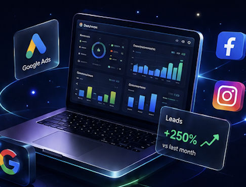 Digital marketing dashboard with Google Ads, social platforms and lead growth